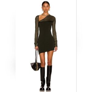 MUGLER Asymmetrical Illusion Mesh Long Sleeve Dress Military Green XS Org $1,420